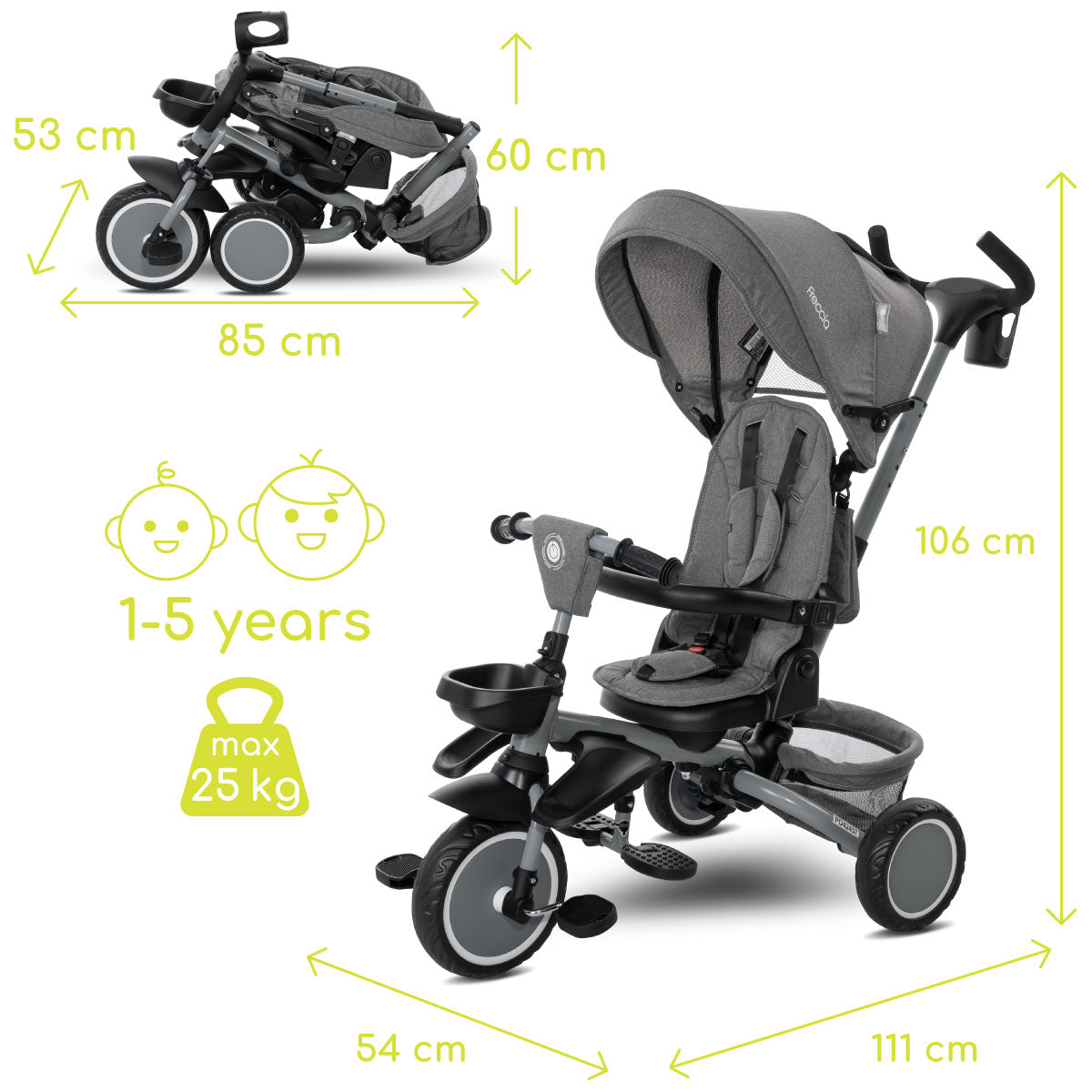 Lorelli Freccia - rowerek trójkołowy 5w1 pchacz składany z funkcją wolnego koła szary.