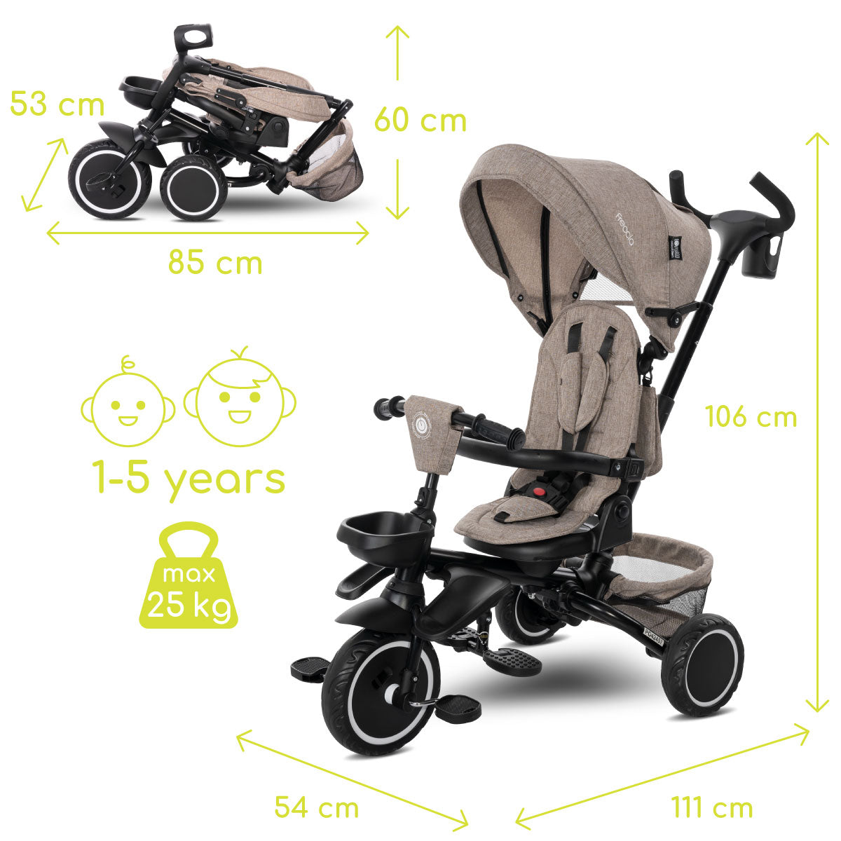 Lorelli Freccia - rowerek trójkołowy 5w1 pchacz składany z funkcją wolnego koła beżowy.