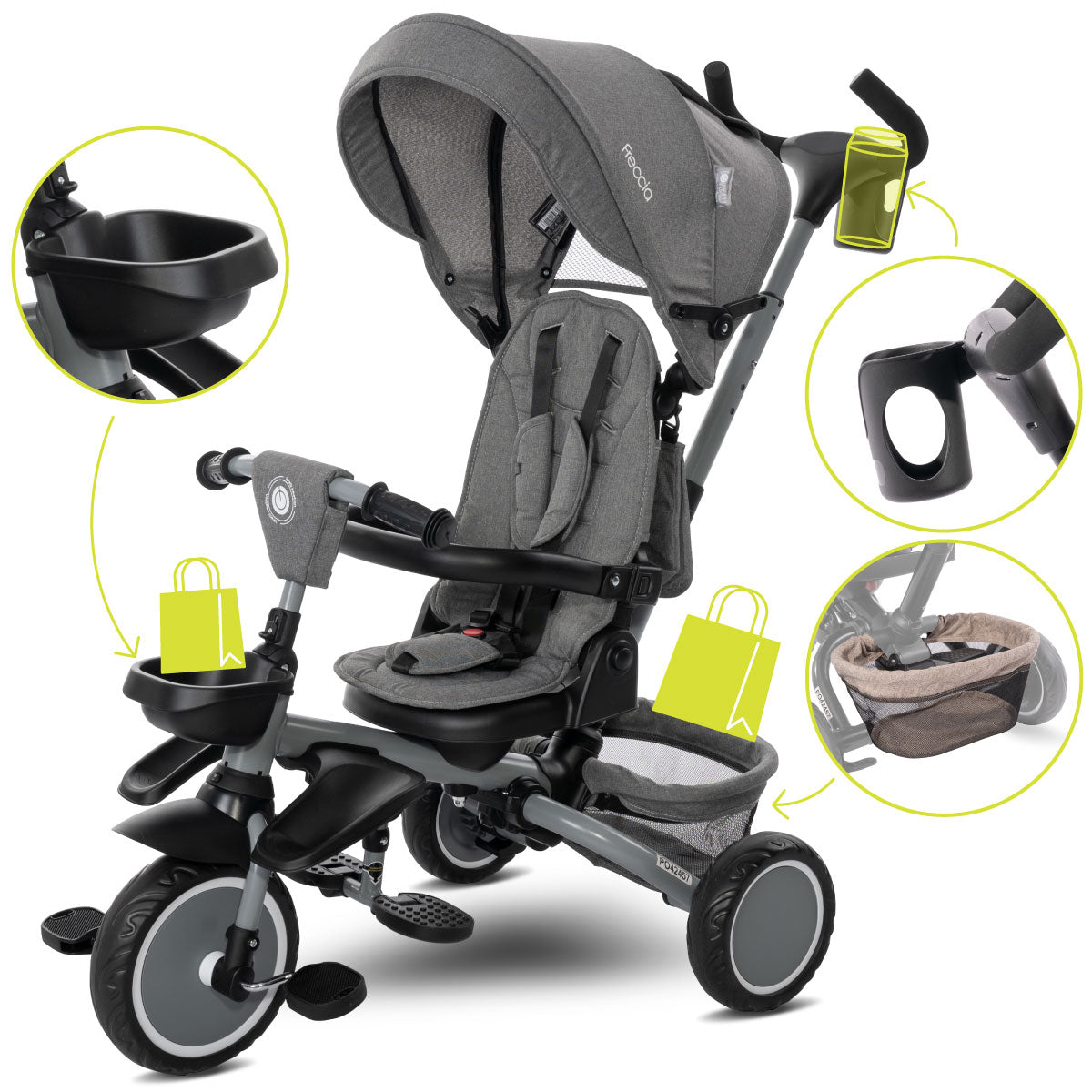 Lorelli Freccia - rowerek trójkołowy 5w1 pchacz składany z funkcją wolnego koła szary.