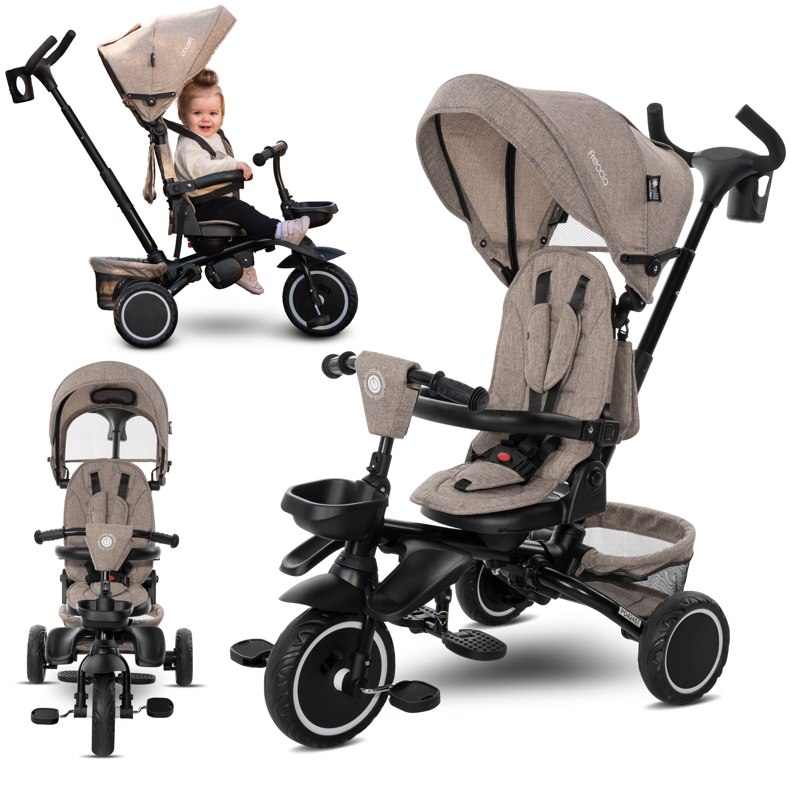 Lorelli Freccia - rowerek trójkołowy 5w1 pchacz składany z funkcją wolnego koła beżowy.