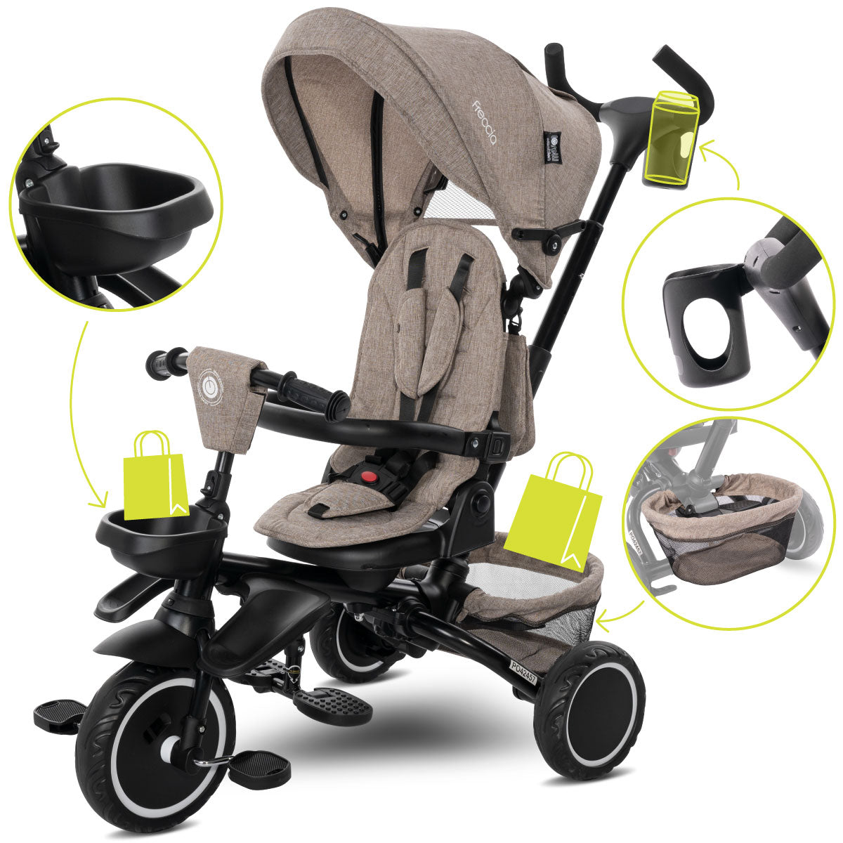 Lorelli Freccia - rowerek trójkołowy 5w1 pchacz składany z funkcją wolnego koła beżowy.