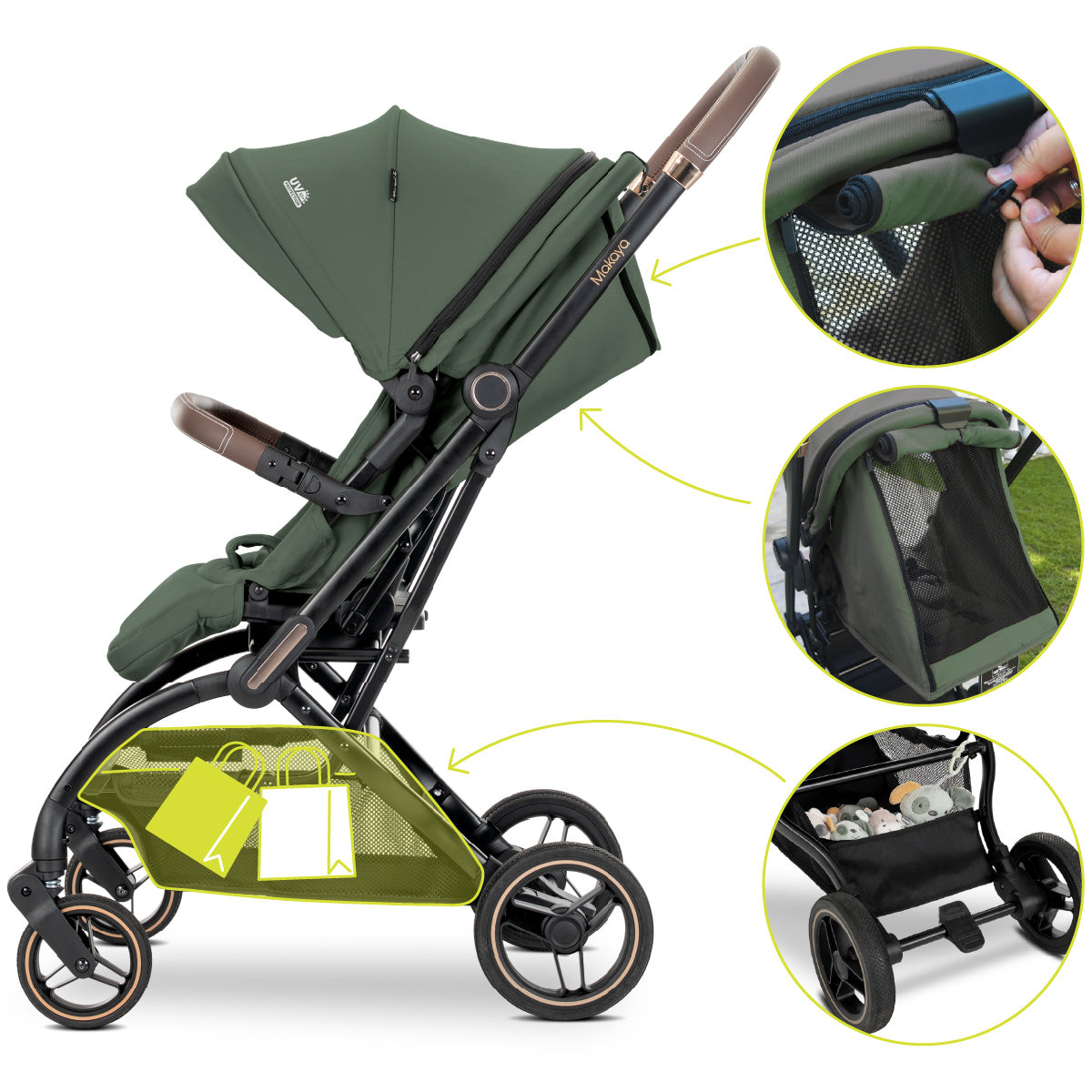 Lorelli Makaya - wózek spacerowy do 22kg obrotowy 360 | Green