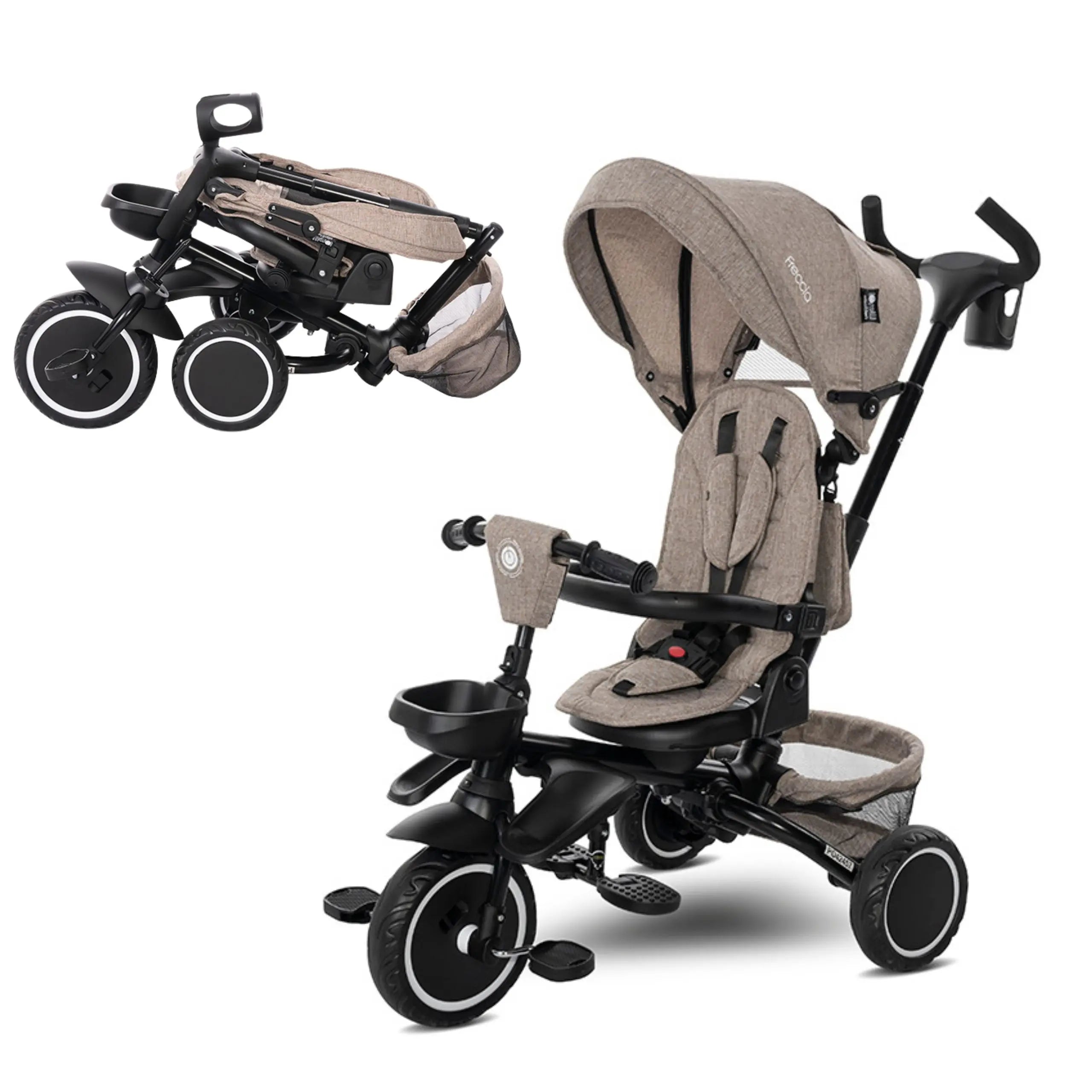 Lorelli Freccia - rowerek trójkołowy 5w1 pchacz składany z funkcją wolnego koła beżowy.