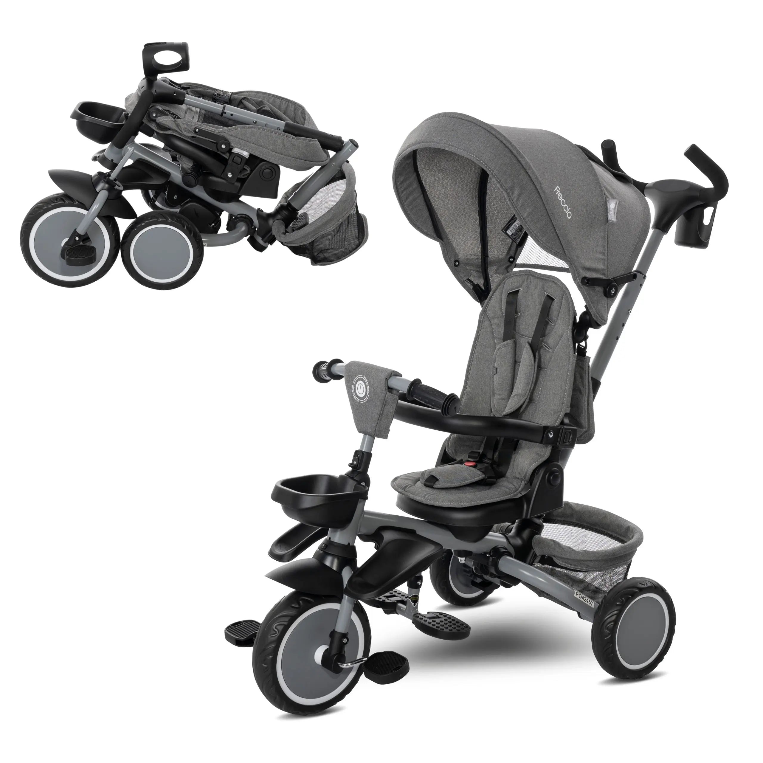 Lorelli Freccia - rowerek trójkołowy 5w1 pchacz składany z funkcją wolnego koła szary.