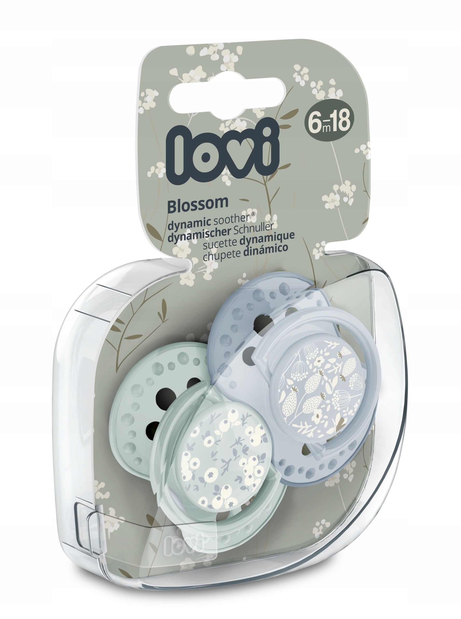 LOVI Smoczek uspakajający dynamiczny 6-18 m BLOSSOM BLUE