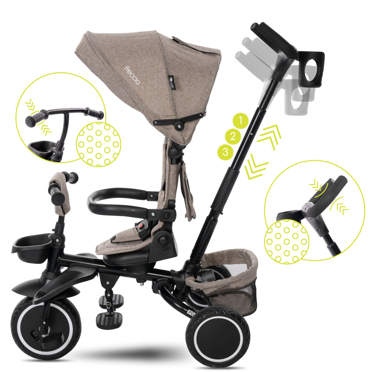 Lorelli Freccia - rowerek trójkołowy 5w1 pchacz składany z funkcją wolnego koła beżowy.