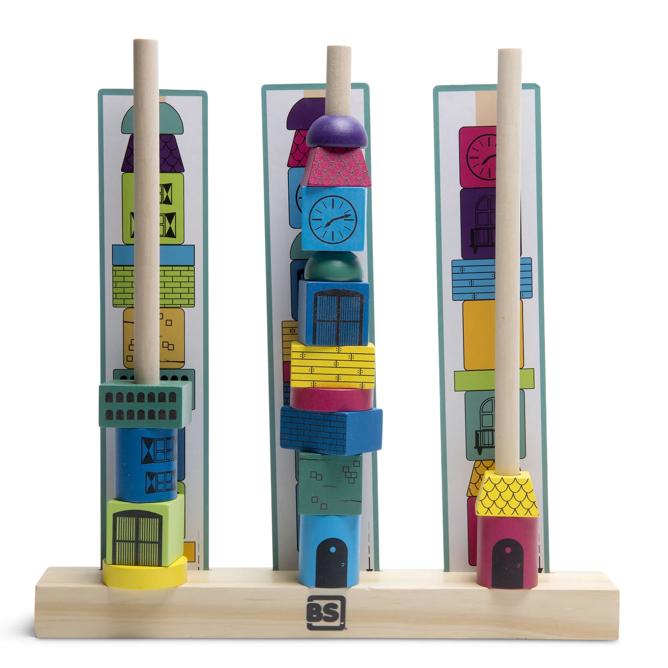 BS Toys - drewniana układanka - wieża z szablonami