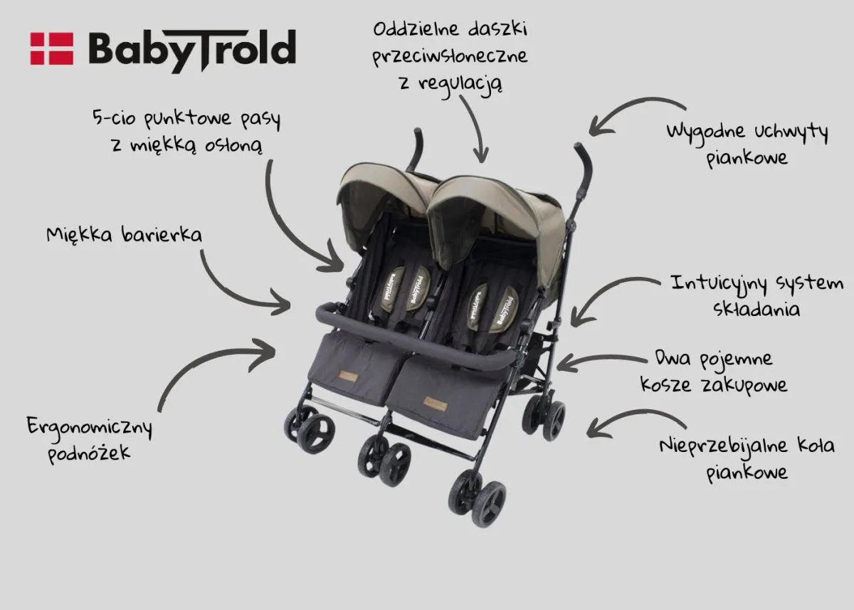 Wózek podwójny BabyTrold Moon oliwkowy - JasieBasie.pl